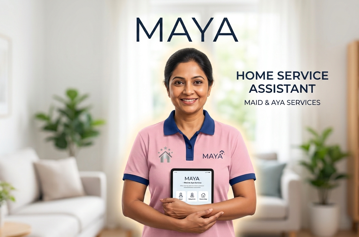 Maya home service assistant holding a tablet with the Maya app