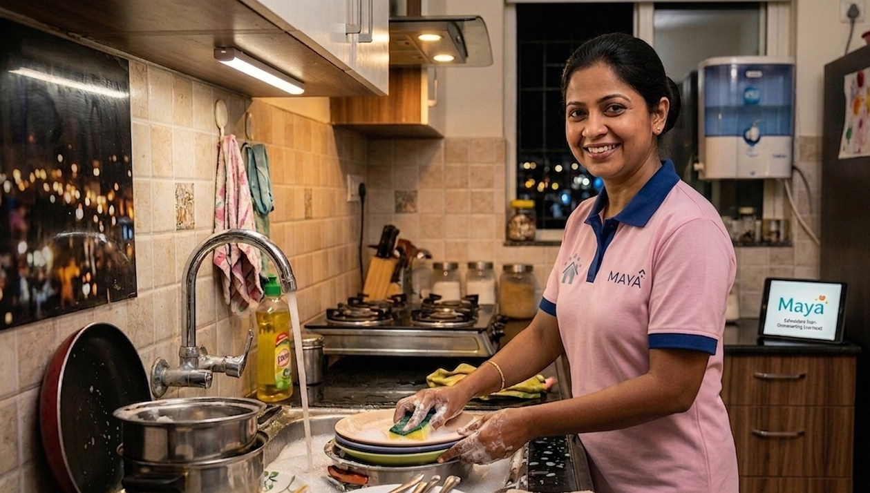 Maya helper washing dishes in the kitchen sink